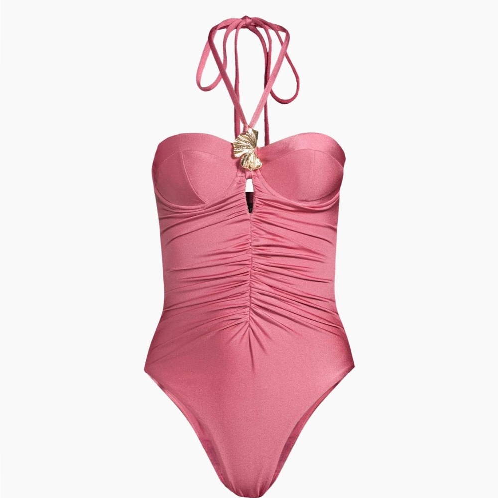 PatBO Pink Ruched One-Piece Swimsuit with Gold Accent